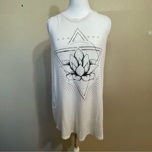 Miken Flow White Sleeveless Yoga Top with Lotus Design L